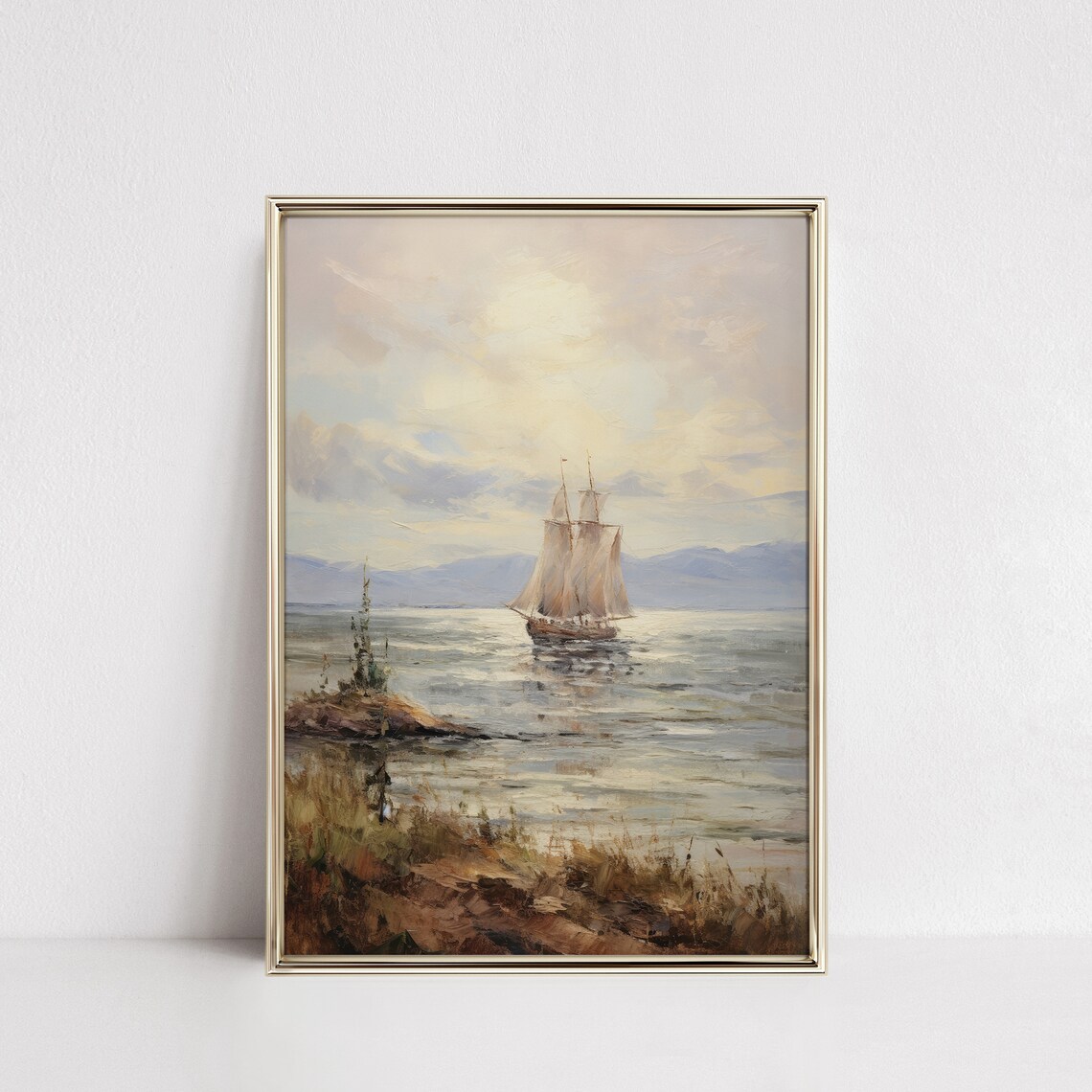 Tall Sailboat on Calm Sunlit Water Vintage Maritime Seascape Oil Poster - Image 4