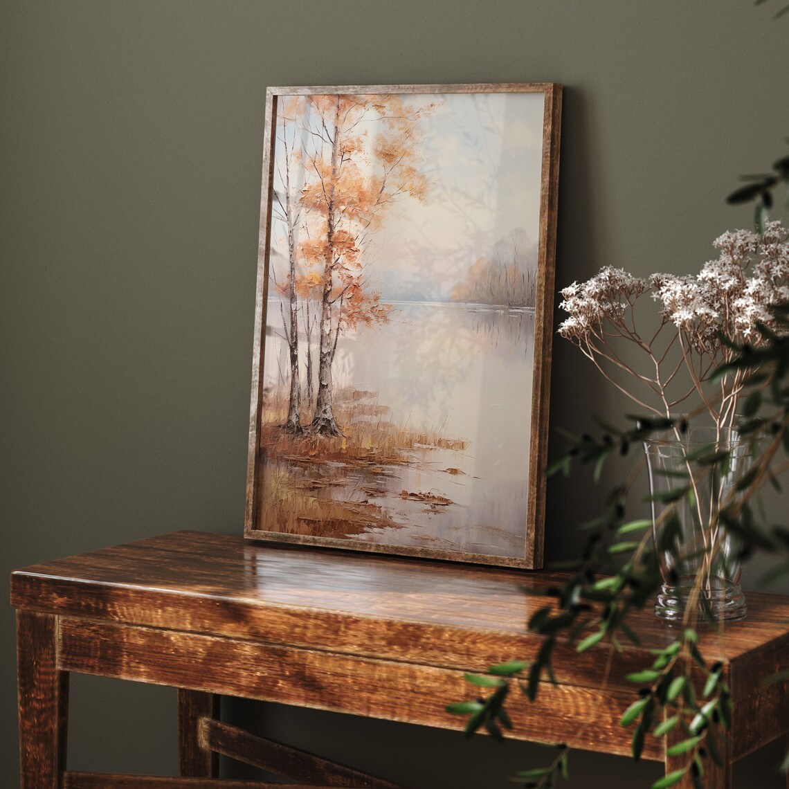 Birch Trees with Autumn Orange Foliage by a Calm Lake Vintage Art Poster - Image 2