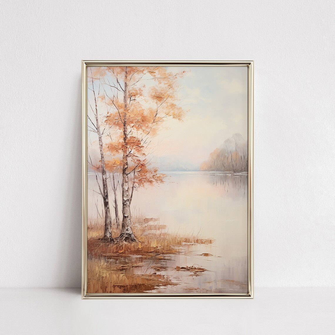 Birch Trees with Autumn Orange Foliage by a Calm Lake Vintage Art Poster - Image 4