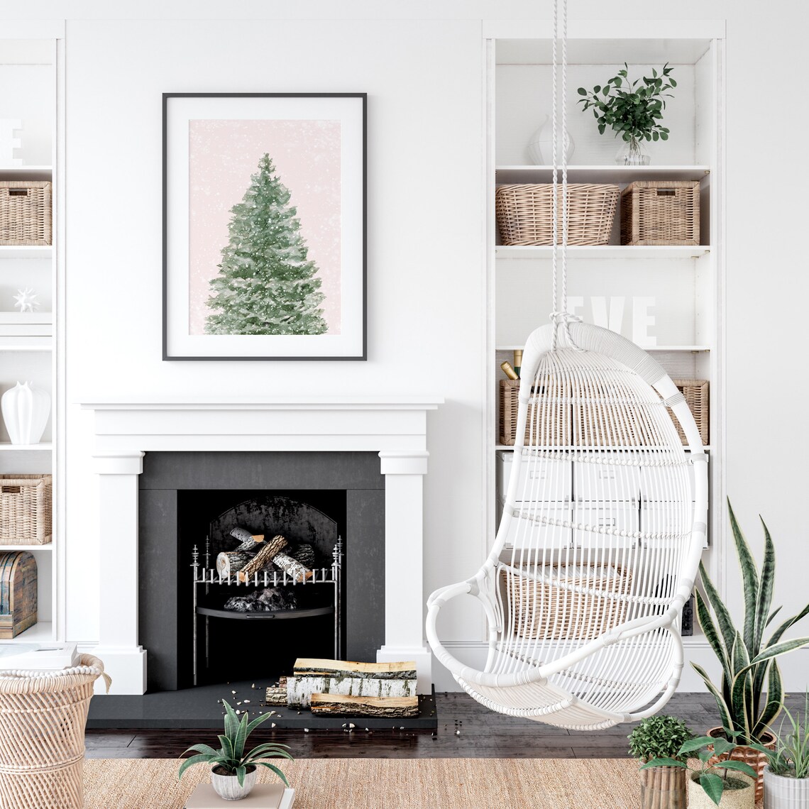 Snowy Evergreen Blush Pink Watercolor Winter Christmas Poster - Image 4