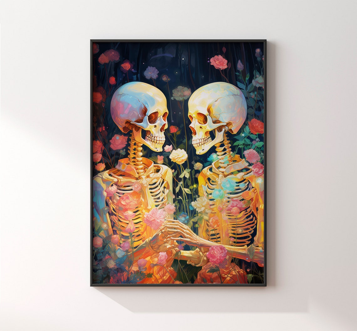 Skeleton Couple Holding Hands In Flower Garden Halloween Poster - Image 2