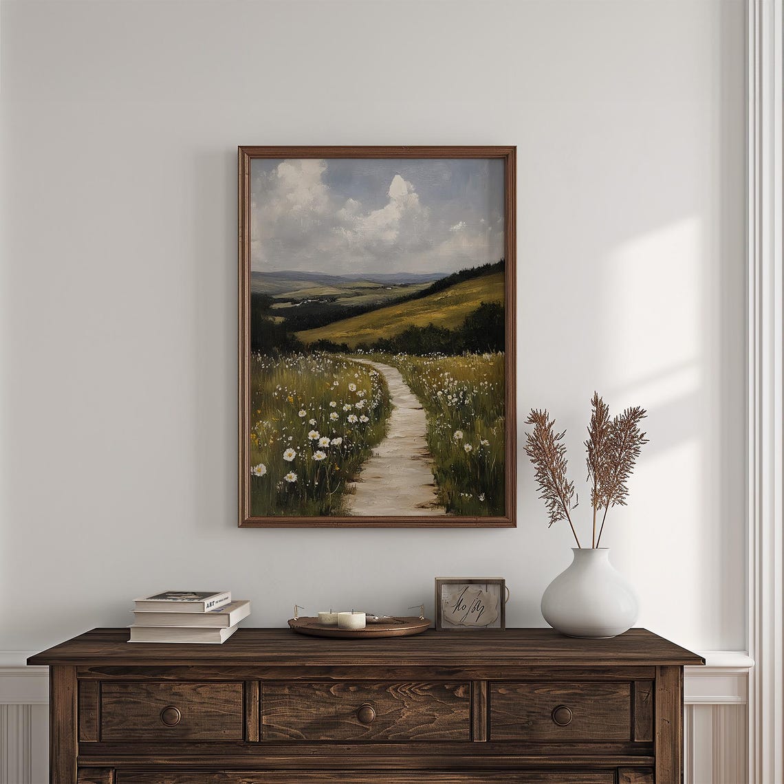 Winding Path Through Daisy Meadow Vintage Countryside Painting Poster - Image 4