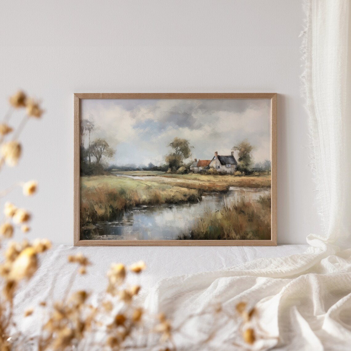 Country Cottage by a Winding River Pastoral Green Landscape Art Poster - Image 4