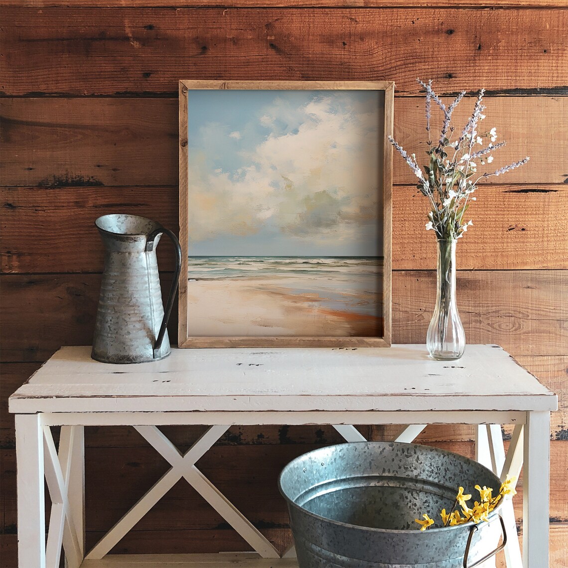 Soft Neutral Beach Seascape Gentle Waves Cloudy Sky Minimalist Oil Poster - Image 3