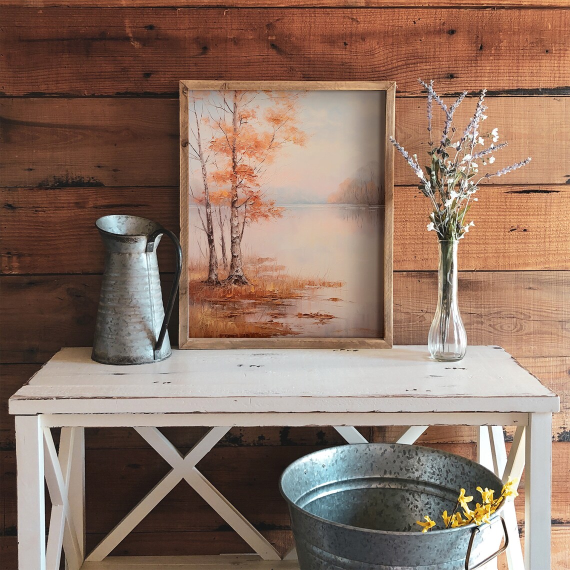 Birch Trees with Autumn Orange Foliage by a Calm Lake Vintage Art Poster - Image 3