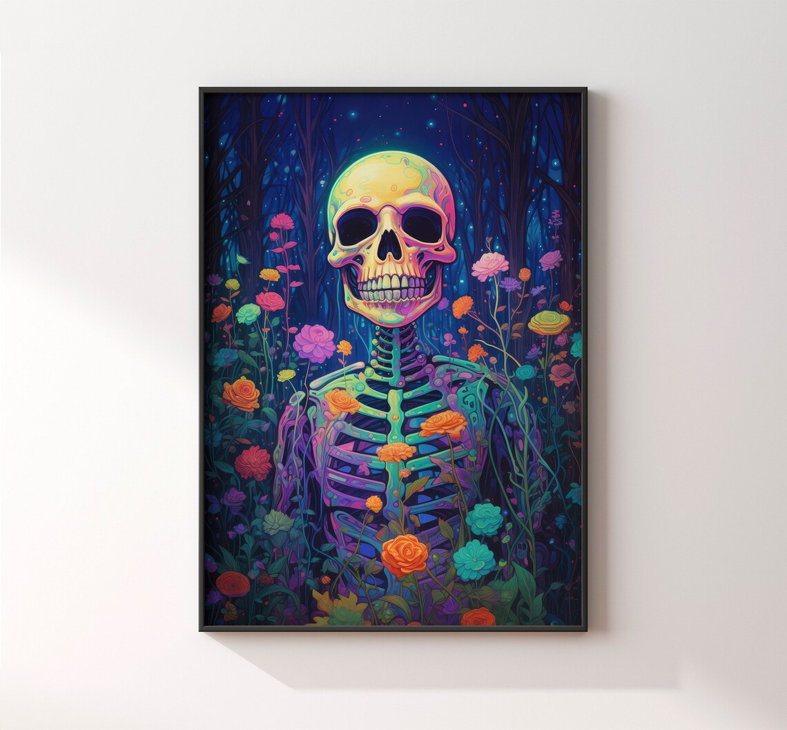 Neon Skeleton Among Colorful Flowers in a Night Forest Psychedelic Poster - Image 2