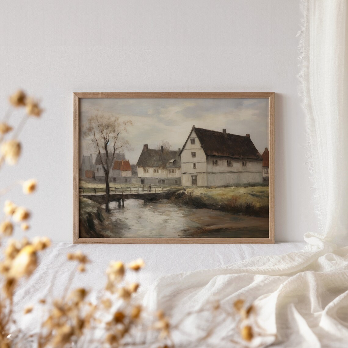 European Village Houses by a Quiet Canal Rustic Vintage Oil Art Poster - Image 4