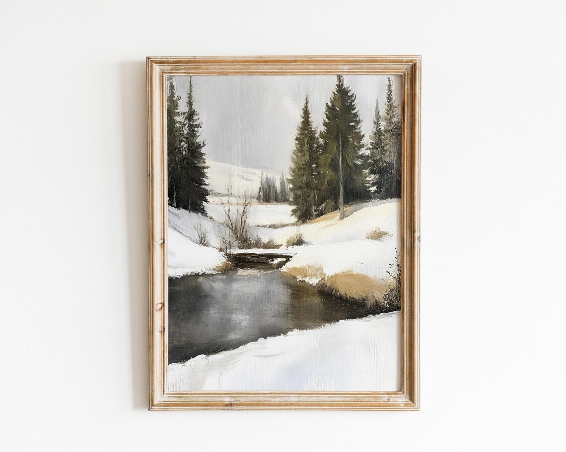 Vintage Winter Landscape, Snowy Forest Reflection