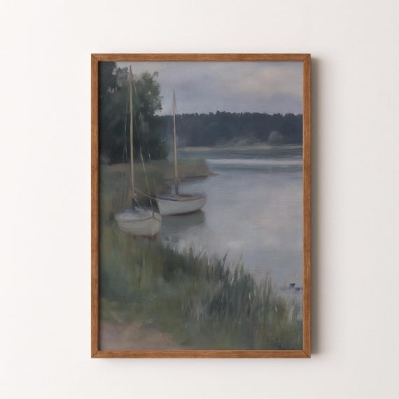 Vintage Moody Sailing Boat Painting Serene Blue Green Lake Scene Vi176