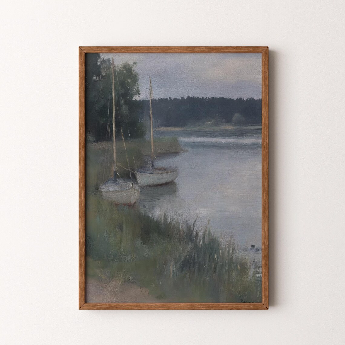 Moored Sailboats Misty Lake Dusk Calm Water Blue Green Seascape Poster