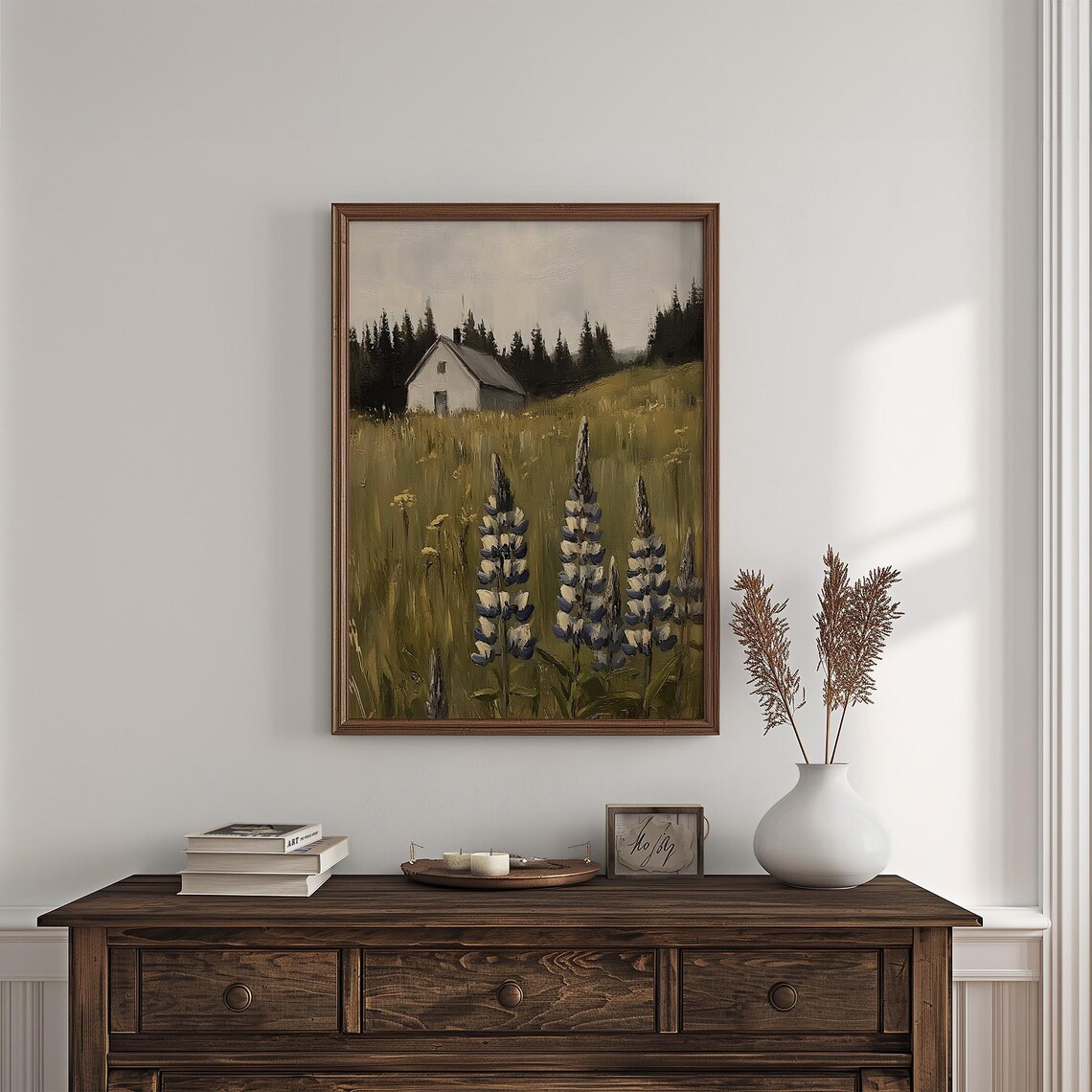 White Farmhouse With Purple Lupines Vintage Meadow Painting Poster - Image 4