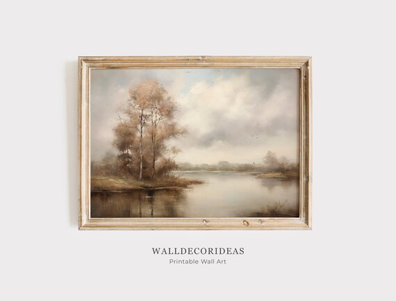 Autumn Lake Reflections Vintage Muted Tonal Landscape Painting Poster
