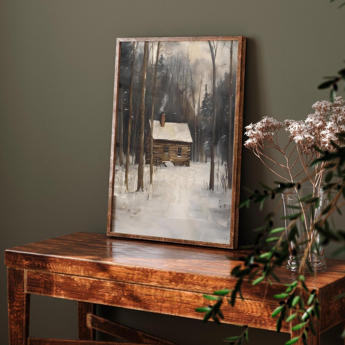 Log Cabin With Chimney Smoke In Snowy Dark Woods Moody Winter Scene Poster - Image 6