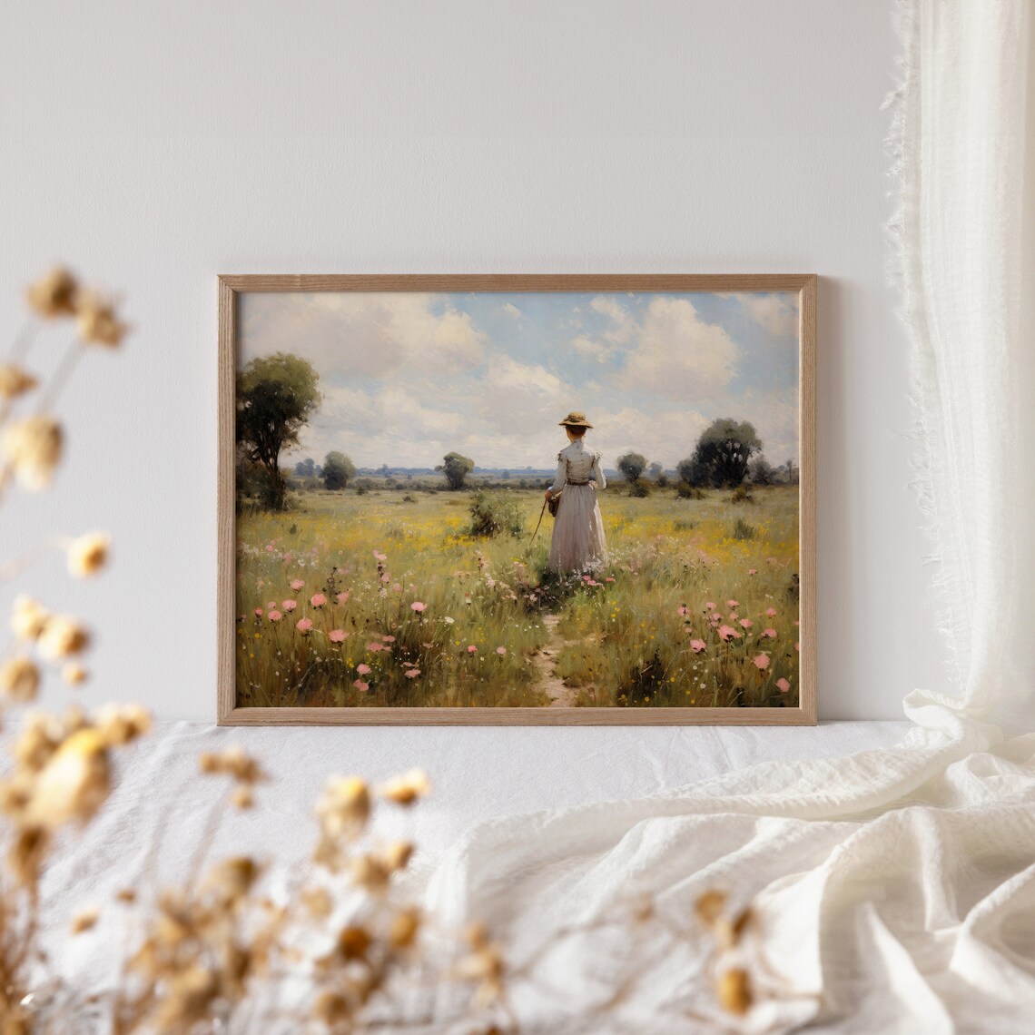 Woman In White Dress Walking Through Wildflower Field Painting Poster - Image 4