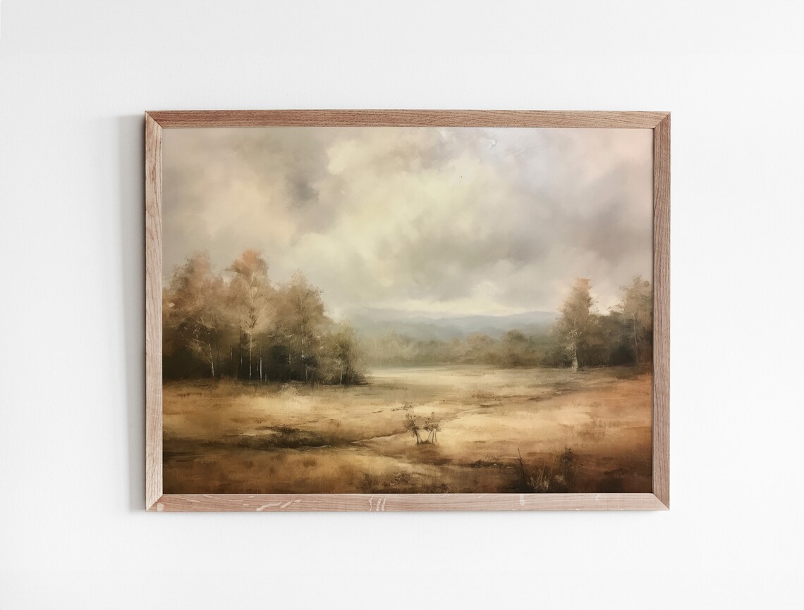 Muted Warm Tonal Forest Edge Meadow Landscape Painting Poster - Image 3