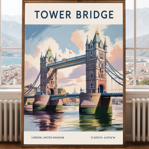 Tower Bridge London Poster And Blue Peach Modern Travel For Home Decor Landmark Art Illustration