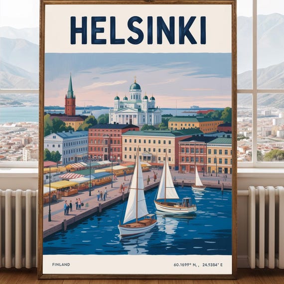 Helsinki Harbor Scene Poster Blue And White Cityscape Contemporary Travel Illustration Art For Enthusiasts