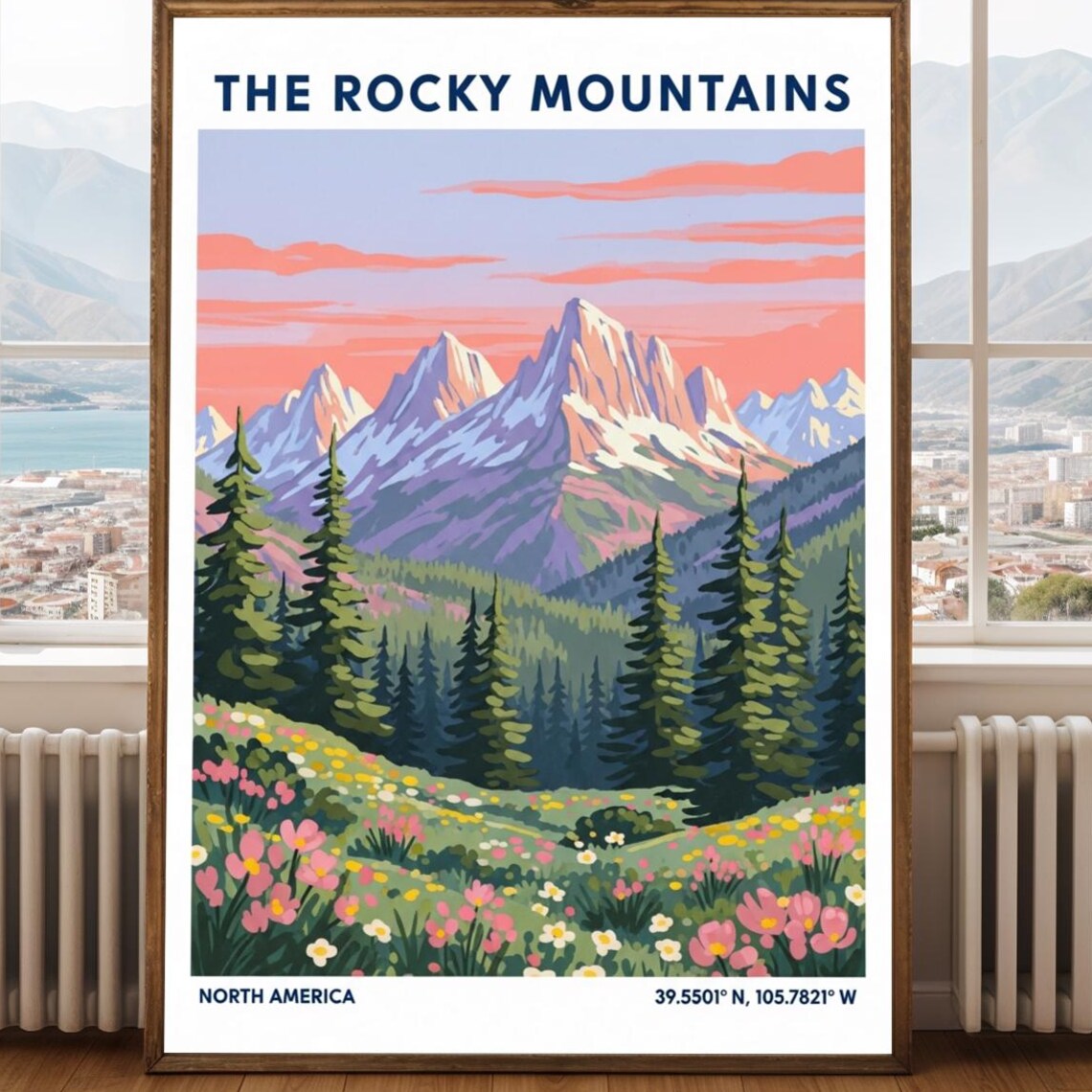 The Rocky Mountains Wildflower Meadow Sunset Peaks Travel Poster