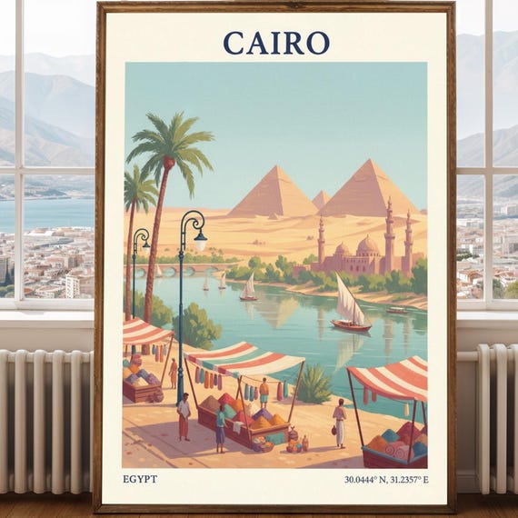 Cairo Pyramids Market Poster Vintage Egyptian Landscape Teal And Sand Travel Art Illustration For Enthusiasts