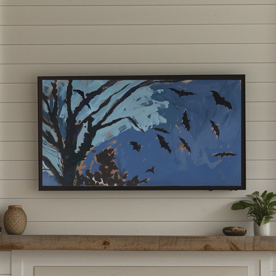 Bats Flying In Spooky Blue Night Sky Bare Tree Moody Dark Halloween Poster