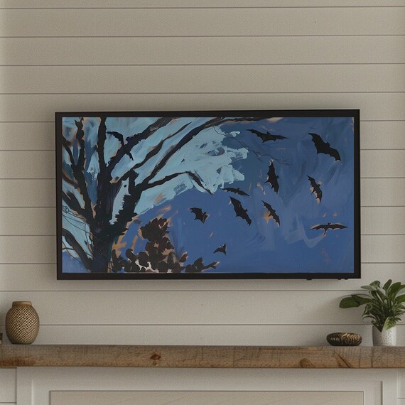 Bats Flying In Spooky Blue Night Sky Bare Tree Moody Dark Halloween Poster