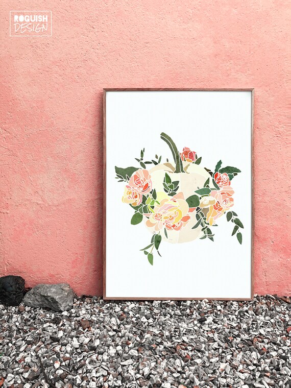 Floral White Pumpkin Flower Crown Pumpkins Fall Print Autumn Thanksgiving Harvest Watercolor Wall Art Home Decor