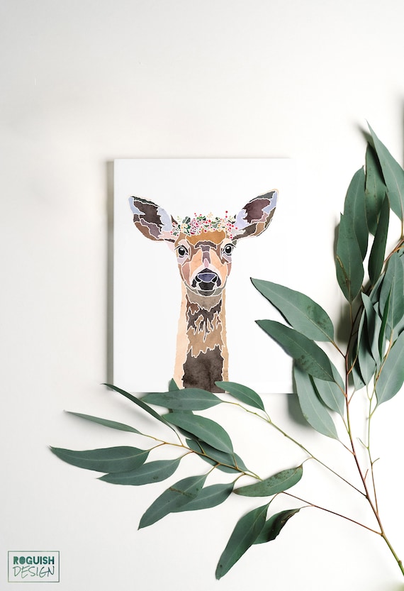 Watercolor Deer Doe Flower Crown Woodland Nursery Animal Poster