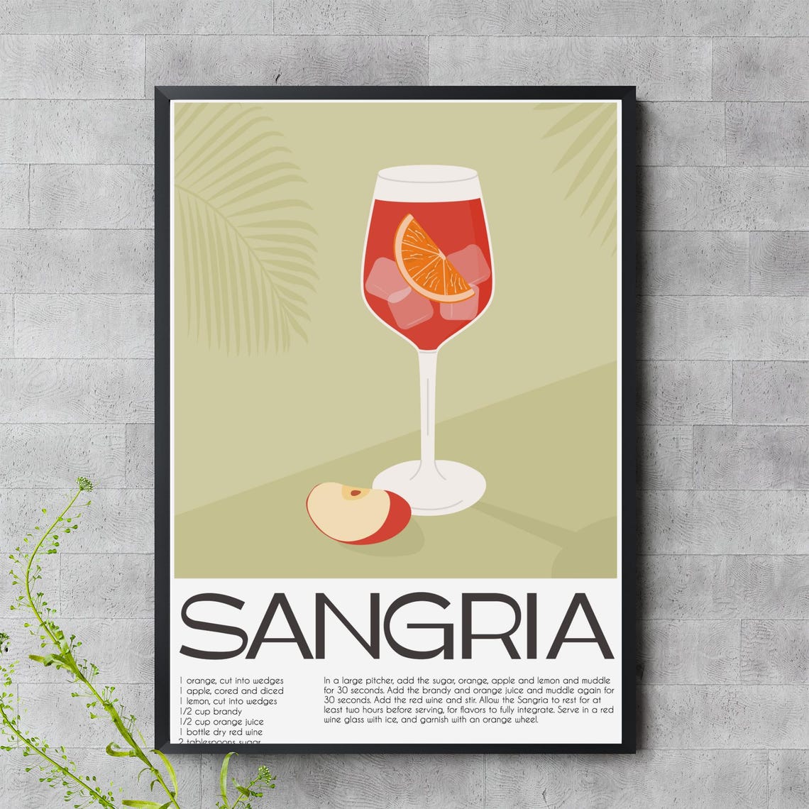 Sangria Cocktail Recipe Sage Green Minimalist Bar Kitchen Decor Print