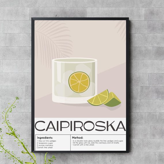 Caipiroska Cocktail Art Lime Vodka Recipe Poster Minimalist Bar Decor Print
