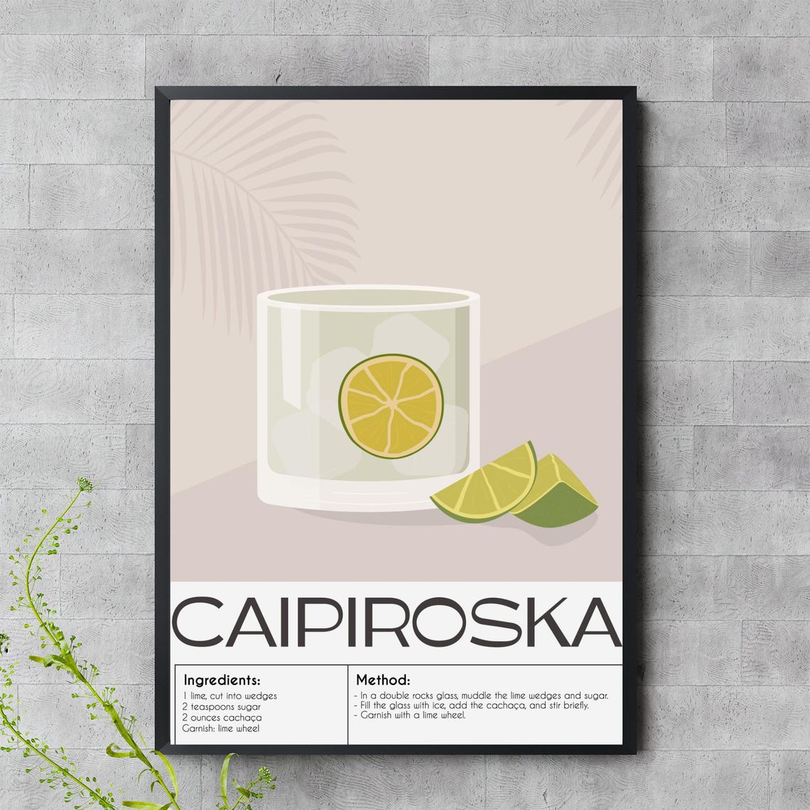Caipiroska Cocktail Art Lime Vodka Recipe Poster Minimalist Bar Decor Print
