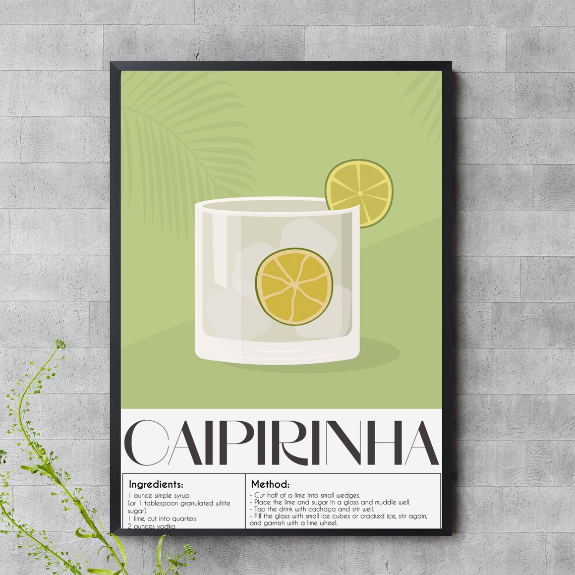 Caipirinha Cocktail Recipe Poster With Lime Glass And Green Tropical Art