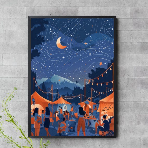 Starry Night Festival Poster Mountain Camping Art Print Cozy Sky
