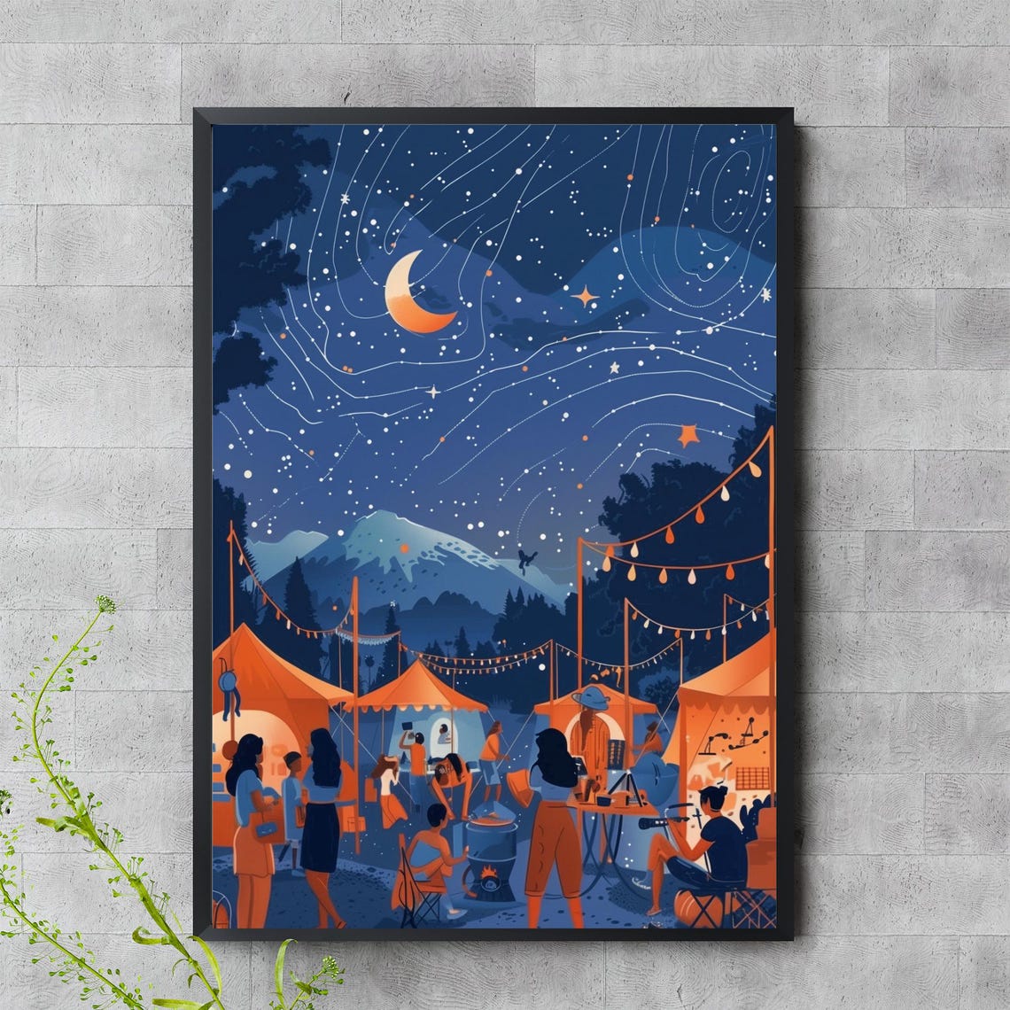 Starry Night Festival Poster Mountain Camping Under Crescent Moon Art