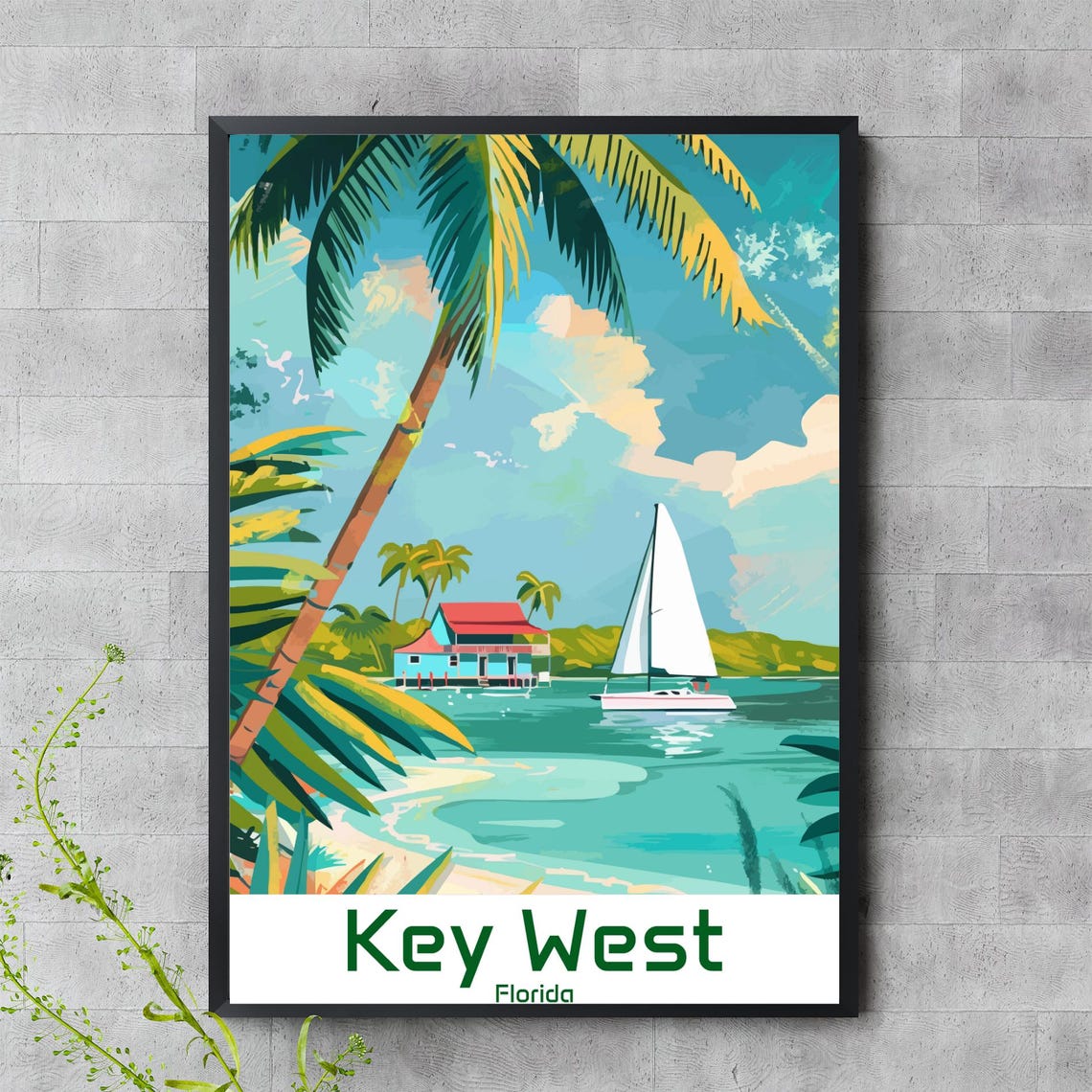 Key West Florida Tropical Beach Sailboat Palm Tree Travel Poster Art