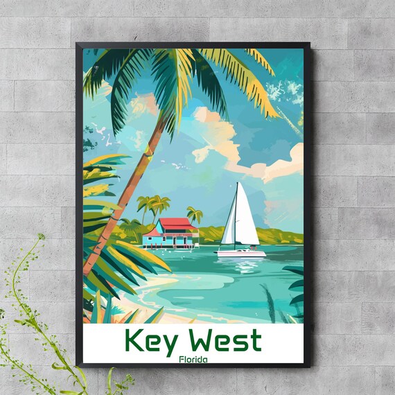 Key West Florida Tropical Beach Sailboat Palm Tree Travel Poster Art