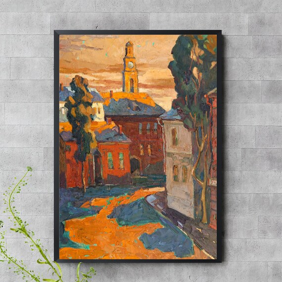 European Old Town Clocktower Impressionist Street Art Poster