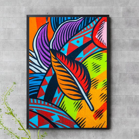 Colorful Tribal Leaf Pop Art Bold Botanical Abstract Painting Poster