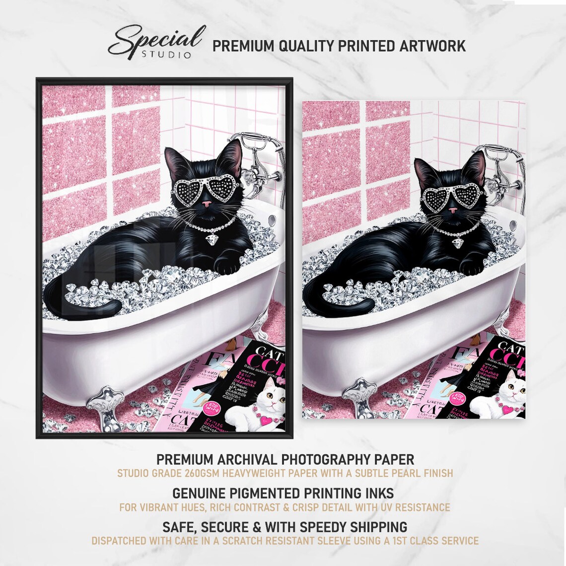 Black Cat Diamond Bath Glam Luxury Funny Bathroom Photo Poster - Image 4