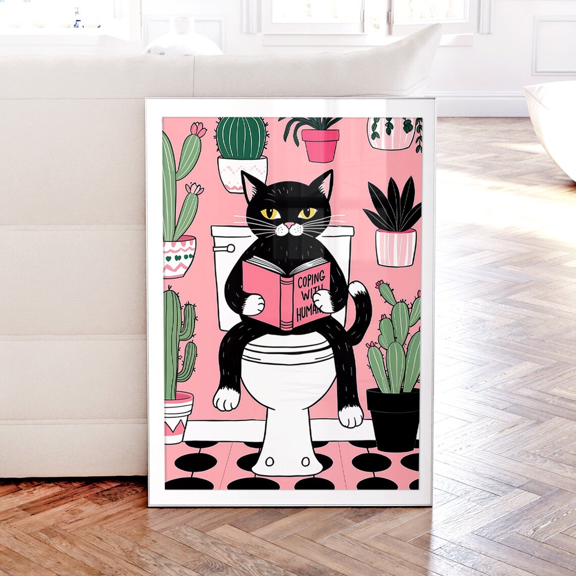 Black Cat Reading Coping With Humans Funny Book Bathroom Poster - Image 4