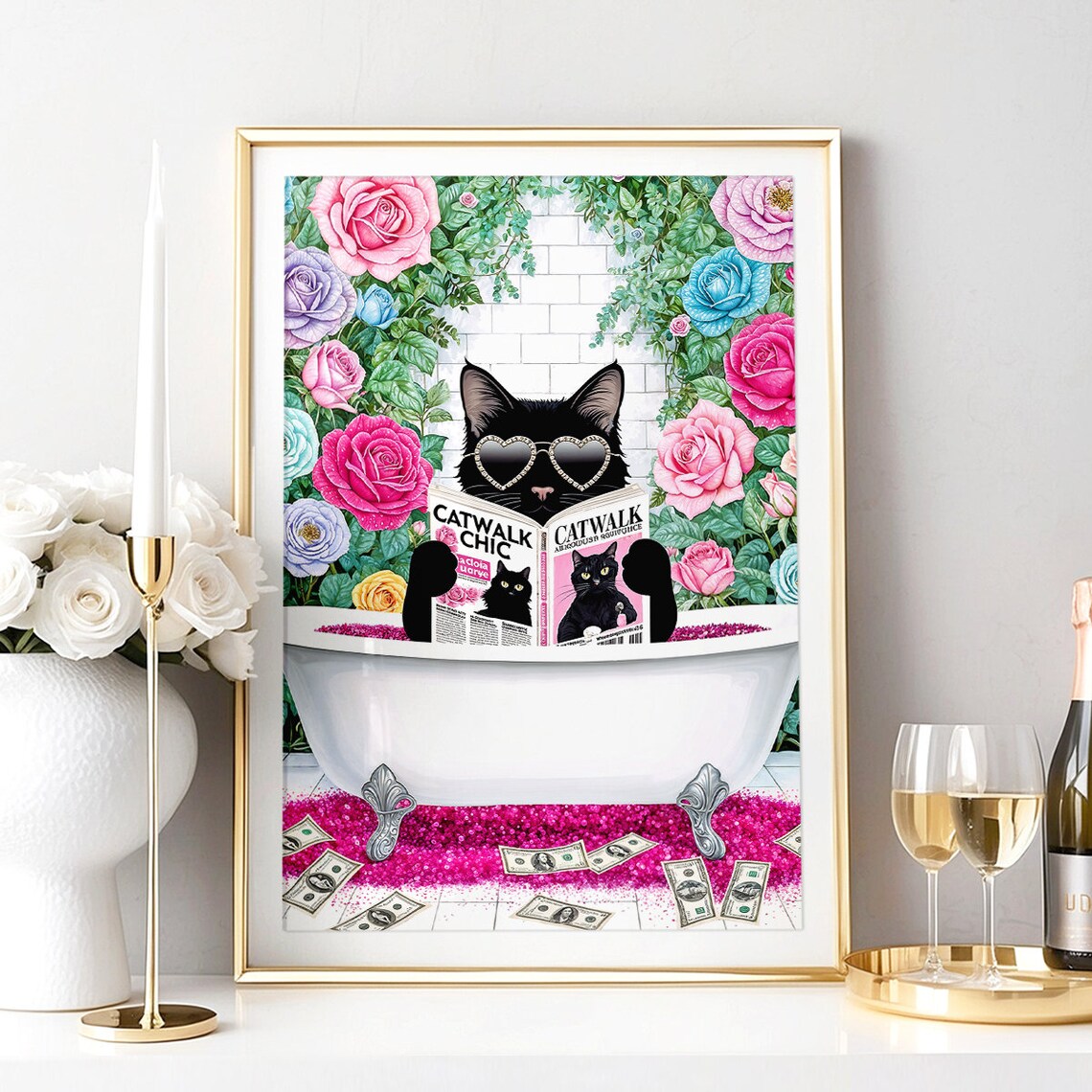 Black Cat In Bathtub Reading Catwalk Chic Magazine With Roses Poster - Image 4