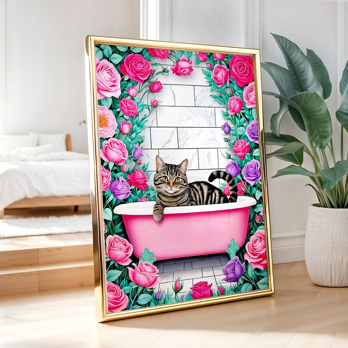 Tabby Cat Pink Bathtub Roses Funny Bathroom Floral Wall Poster - Image 3