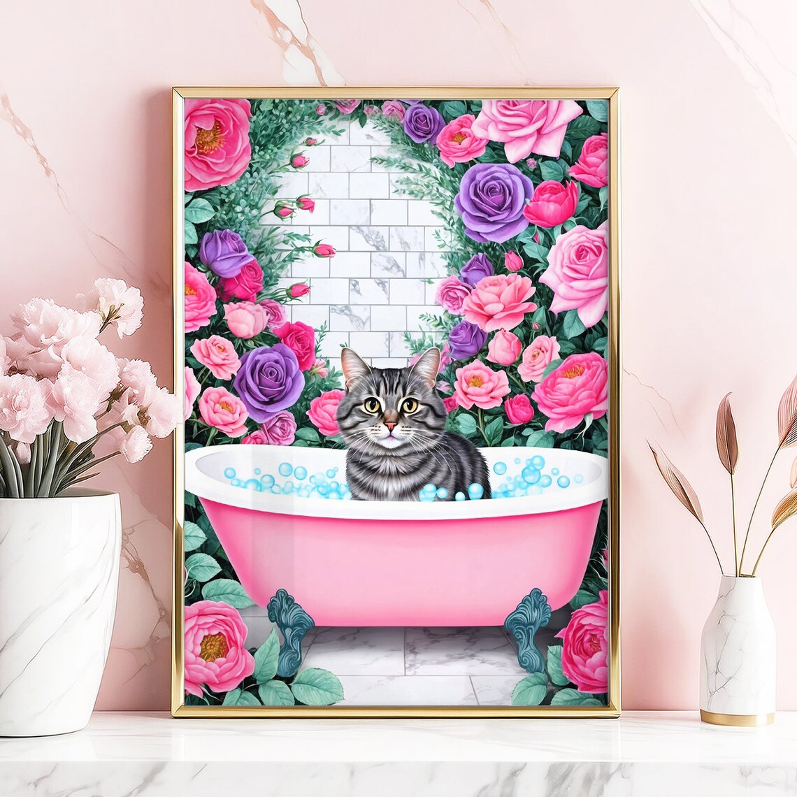 Grey Tabby Cat In Pink Bathtub With Bubbles And Roses Poster - Image 4