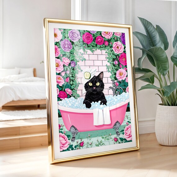 Black Cat Bubble Bath Cucumber Spa Funny Pink Bathroom Poster