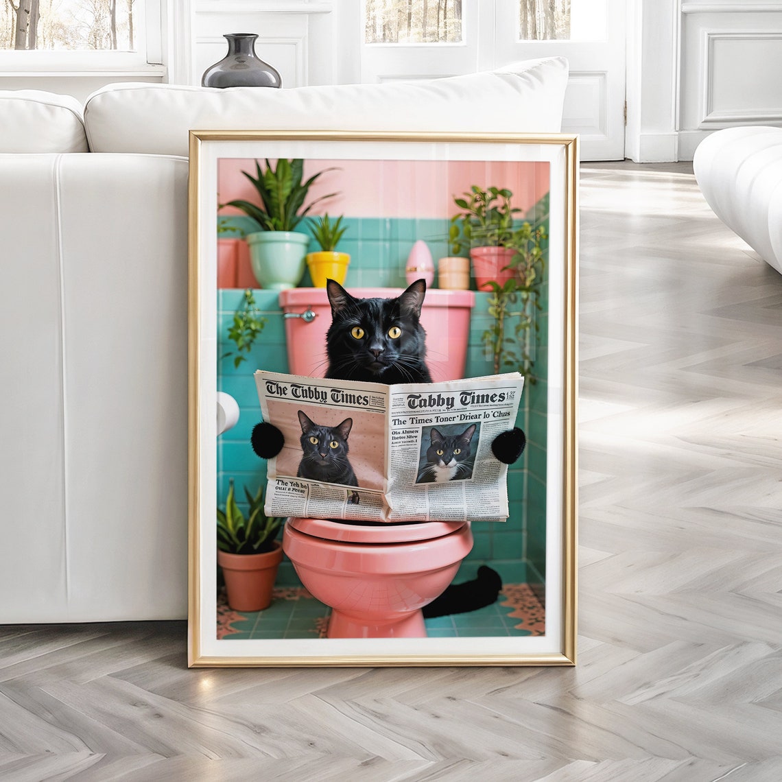 Black Cat Toilet Print, Funny Bathroom Art Print