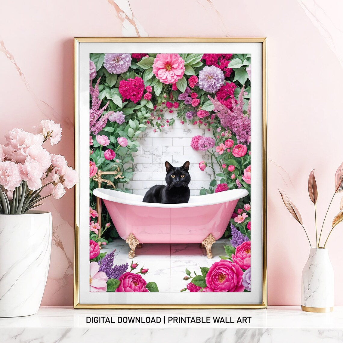 Black Cat In Pink Bathtub Under Flower Arch Wall Decor Poster