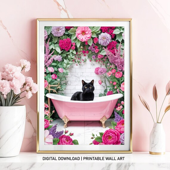 Black Cat In Pink Bathtub Under Flower Arch Wall Decor Poster