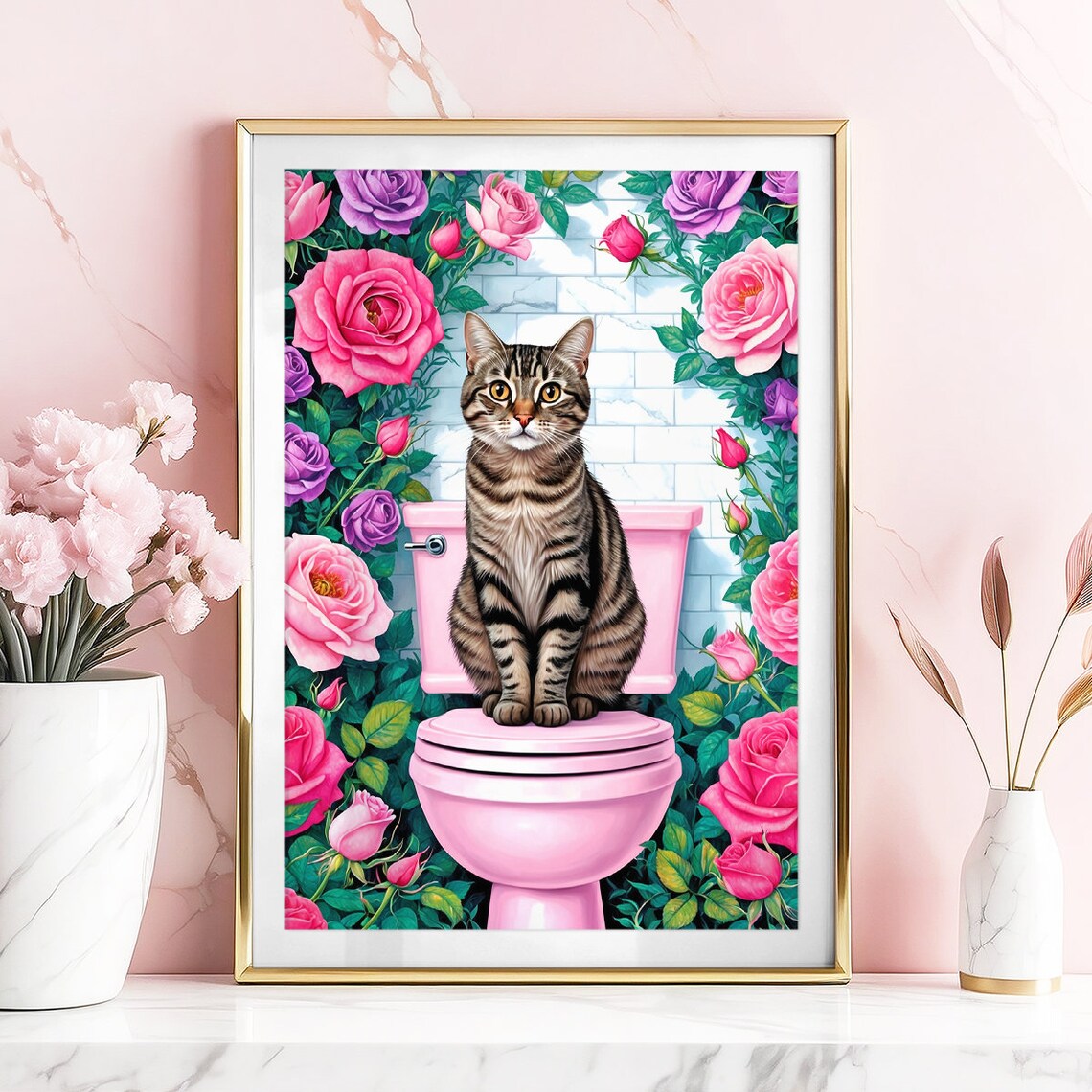 Tabby Cat On Pink Toilet Surrounded By Pink And Purple Roses Poster - Image 2