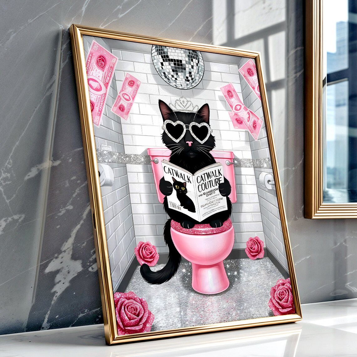 Black Cat in Tiara Reading Catwalk Couture Magazine Pink Poster - Image 2