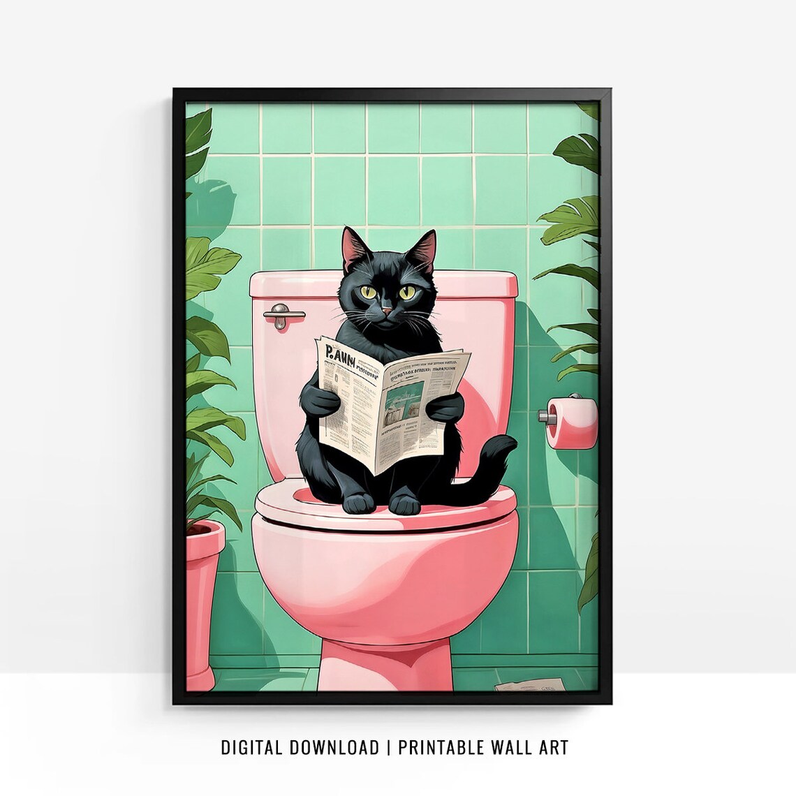 Black Cat On Pink Toilet Reading Newspaper Retro Bathroom Poster