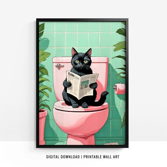Black Cat On Pink Toilet Reading Newspaper Retro Bathroom Poster